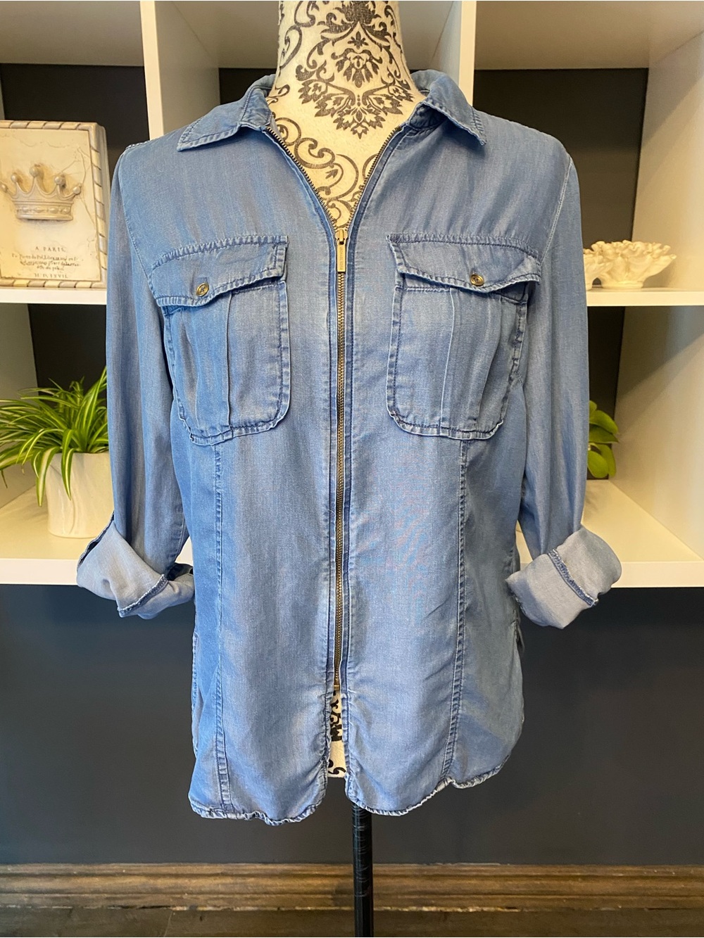 Michael Kors Light Blue Zip-Front Denim Shirt Size S